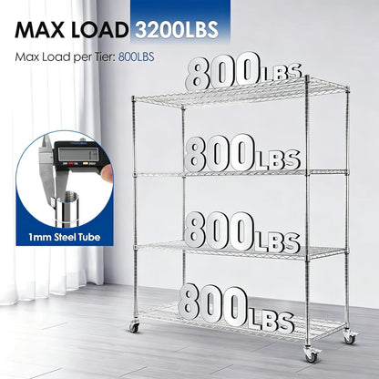 Rengue 60" W Storage Shelves with Wheels 4-Tier Heavy Duty Wire Shelving 72" H x 24" D Large Metal