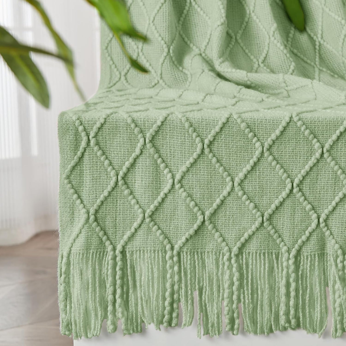 inhand Sage Green Throw Blanket for Couch, Soft Living Room Home Decor Knitted Blanket with Tassel
