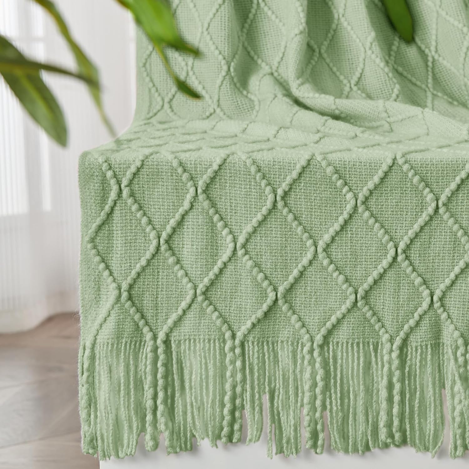 inhand Sage Green Throw Blanket for Couch, Soft Living Room Home Decor Knitted Blanket with Tassel