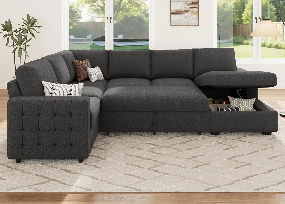 HONBAY Sectional Couch with Pull Out Bed, U-Shaped Sectional Sleeper Sofa with Storage, 6 Seater