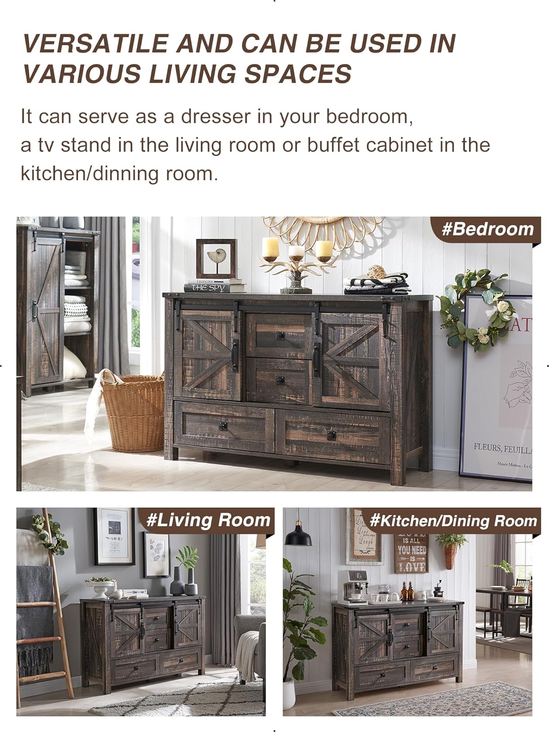T4TREAM 48'' Farmhouse Dresser w/4 Drawers & 2 Sliding Barn Doors, Tall Chest of Drawers Organizer