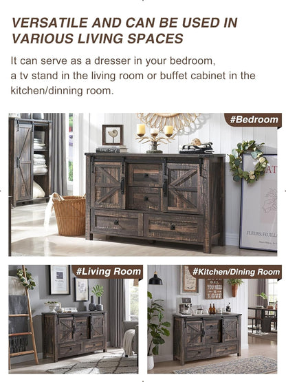 T4TREAM 48'' Farmhouse Dresser w/4 Drawers & 2 Sliding Barn Doors, Tall Chest of Drawers Organizer