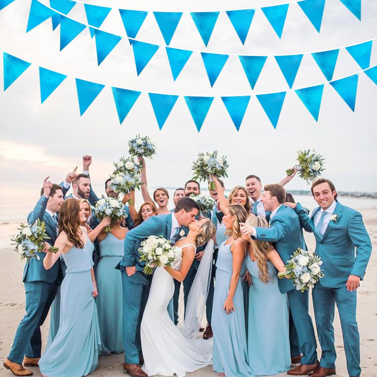 Sky Blue Party Decorations - Light Blue Triangle Pennant Banner Flag - Metallic Fabric Bunting for
