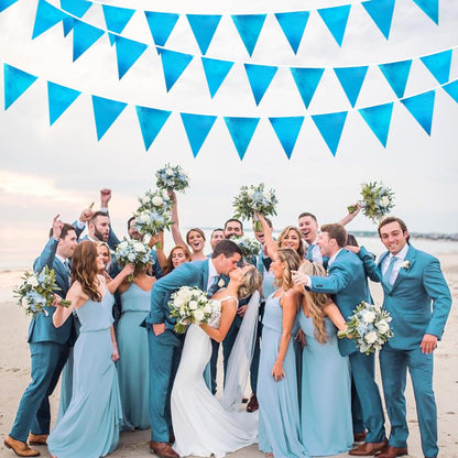 Sky Blue Party Decorations - Light Blue Triangle Pennant Banner Flag - Metallic Fabric Bunting for
