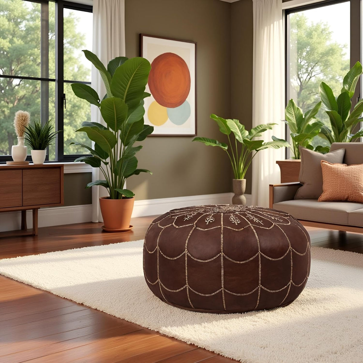 Stuffed Arch Design Moroccan Leather Pouf Ottoman, Handmade, Pre-Filled, 100% Genuine Leather, 14”