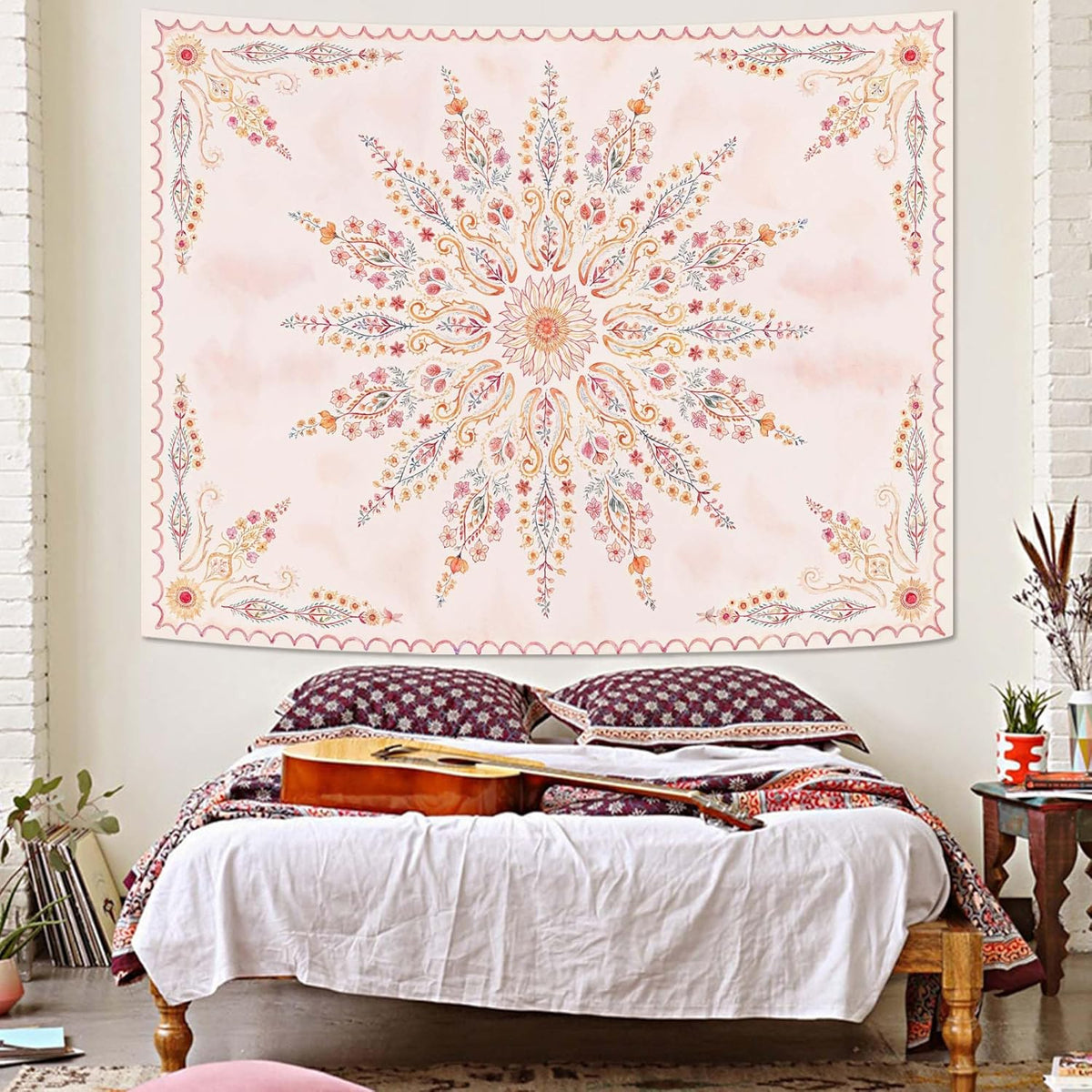 Fowocu Boho Floral Mandala Tapestry for Bedroom Aesthetic Pink Bohemian Flower Wall Tapestry