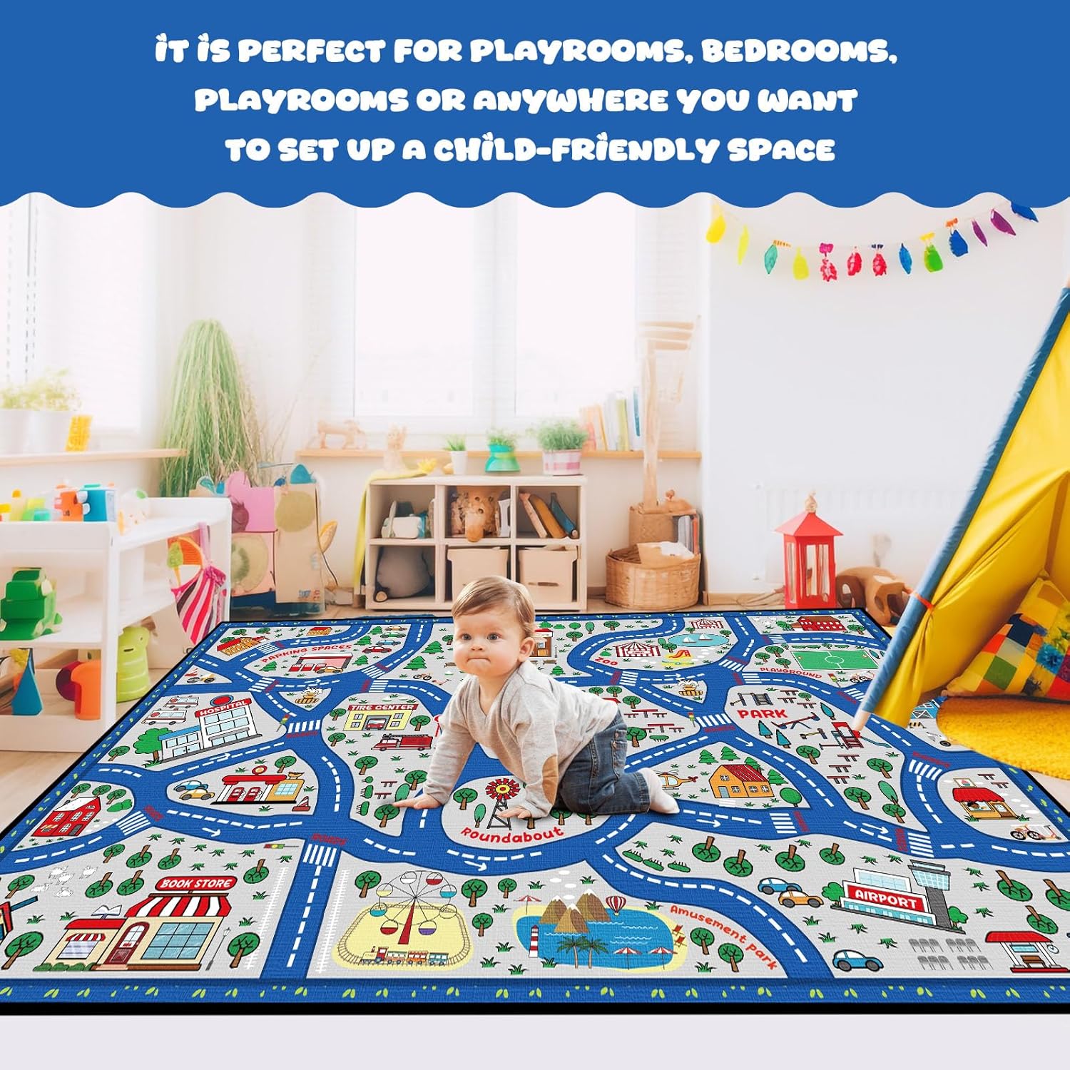 Kids Carpet Playmat Rug Player Car Rug,City Life Traffic Road Map Mat Educational Game Area Rug for