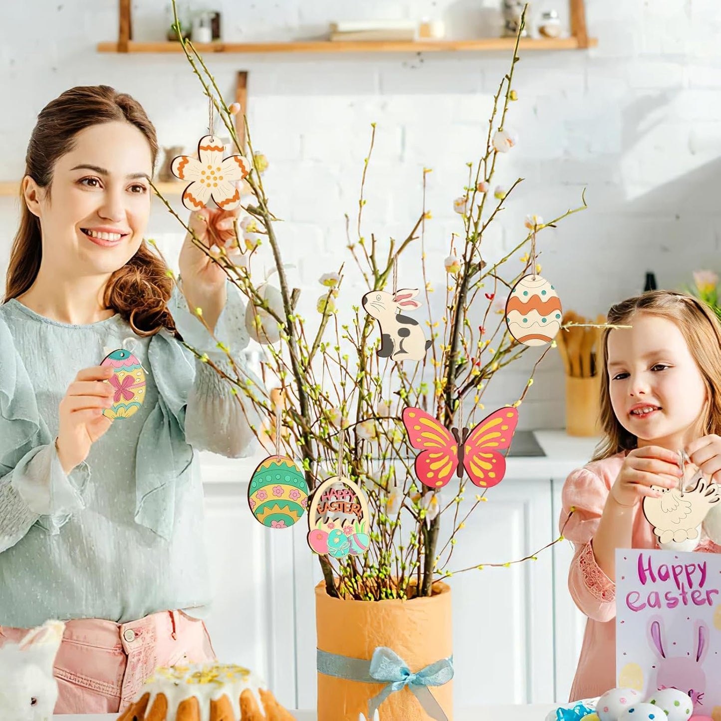 80PCS Wooden Easter Ornaments to Paint, 8 Styles DIY Blank Unfinished Wood Cutouts Ornament for