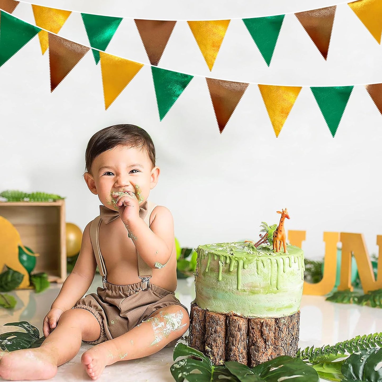 Green Gold Brown Metallic Fabric Triangle Pennant Banner Flag Bunting Garland for Football Jungle