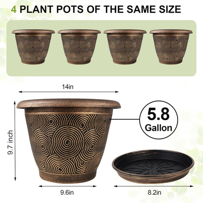 14 Inch Large Planter Pot for Plants Indoor Outdoor, 4 Pack Plastic Flower Pots with Drainage Hole
