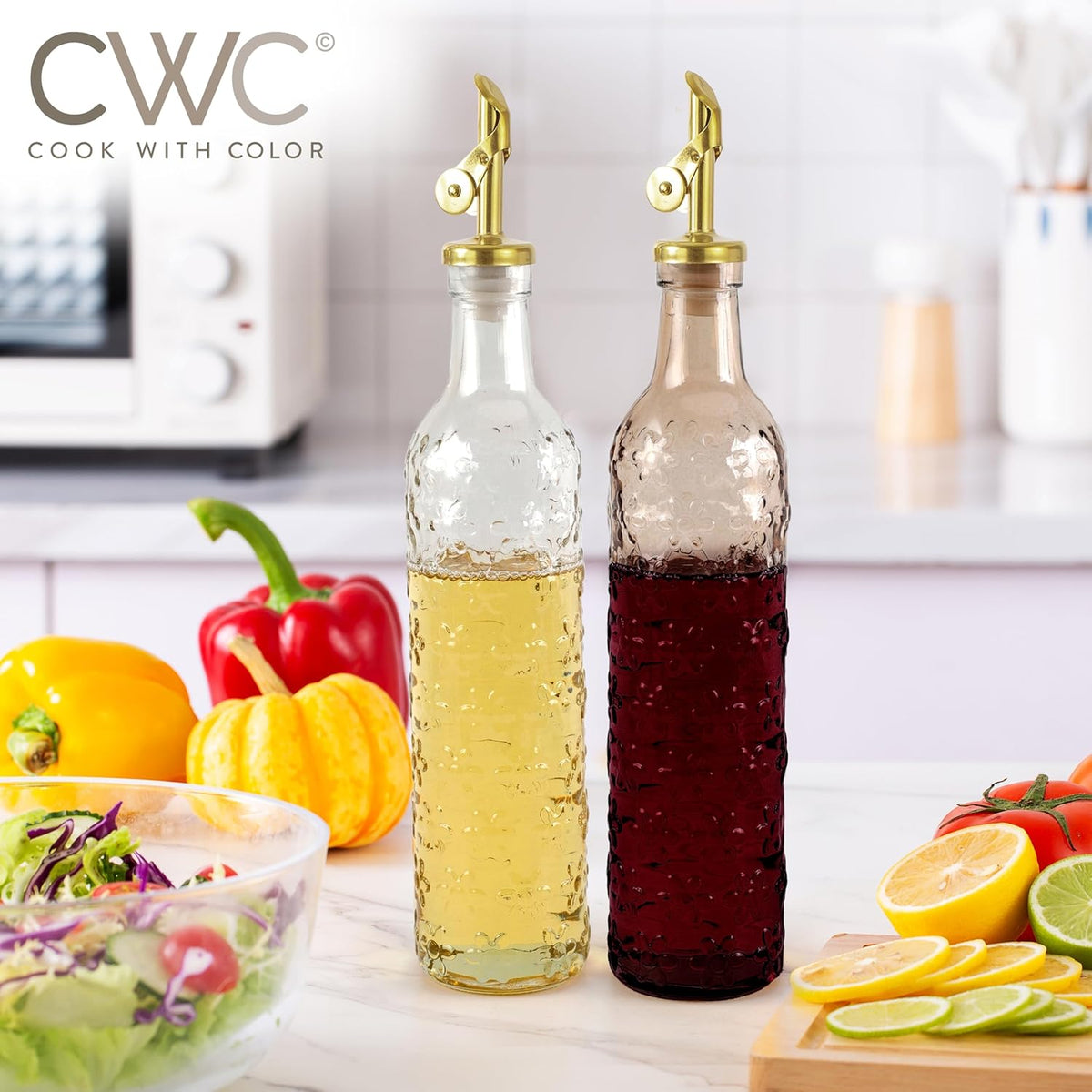 COOK WITH COLOR Glass Olive Oil Bottle Dispenser - 2 Pack- 17oz Oil and Vinegar Cruet - Olive Oil