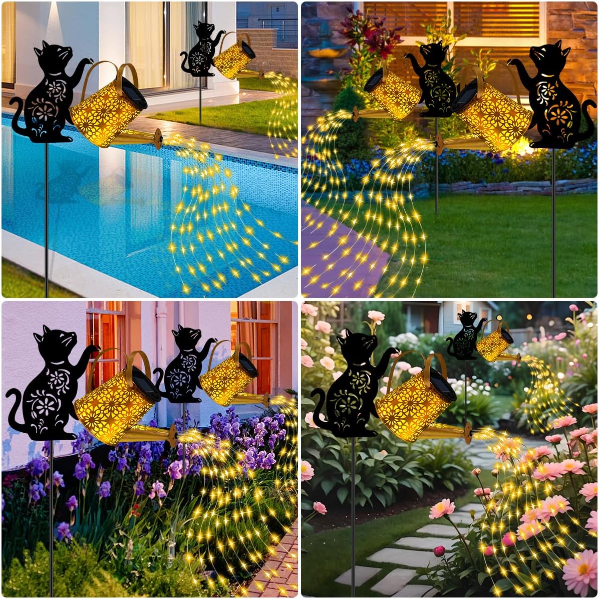 Solar Lights Outdoor Decorative, Watering Can with Cascading Lights, with Cat Silhouette Garden