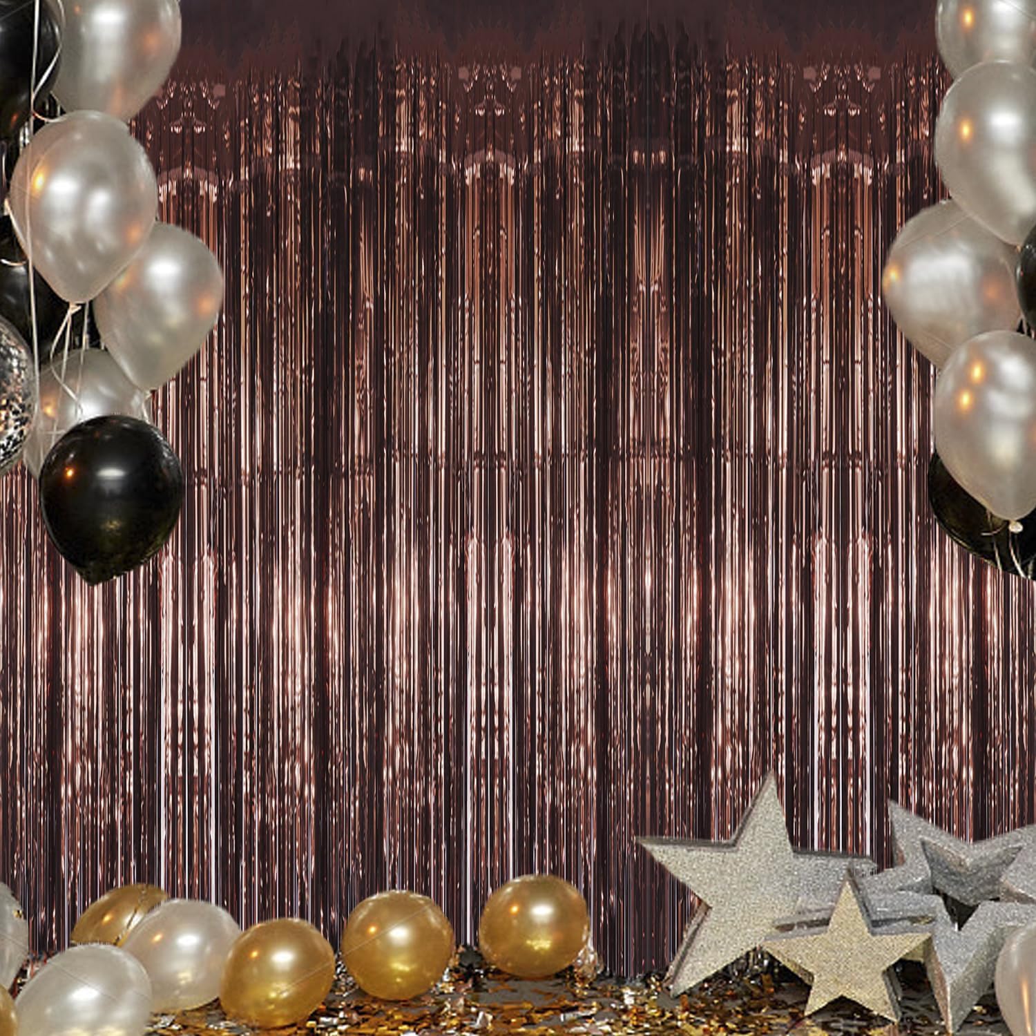 3 Pack Foil Fringe Backdrop - Brown Shiny Tinsel Curtains for Party Decoration/Photo Booth Props