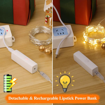 66FT(33*2) Lipstick Mini Fairy Lights Battery Operated, String Lights with Timer, LED Rechargeable