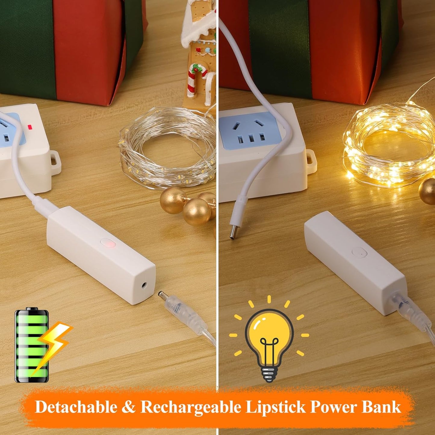Lipstick LED Fairy Lights Battery Operated, Twinkle Lights with Timer, Rechargeable Mini String