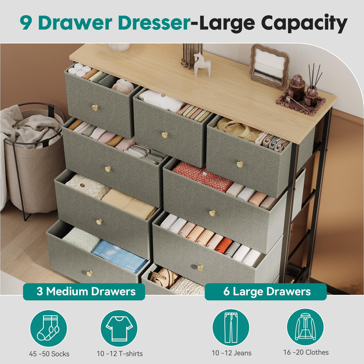 DUMOS 9 Drawer Dresser for Bedroom, Storage Organizer Chest of Drawers