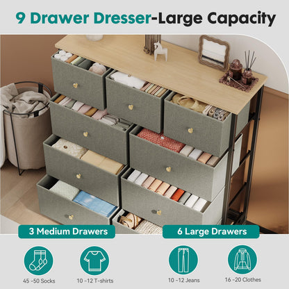DUMOS 9 Drawer Dresser for Bedroom, Storage Organizer Chest of Drawers