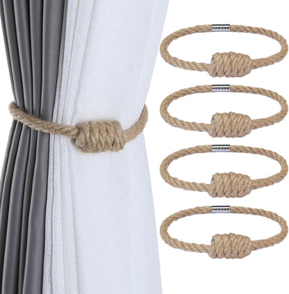 Fenghuangwu 4Pack Magnetic Jute Curtain Tiebacks – Bohemian Style Handmade Woven Tie-Backs for
