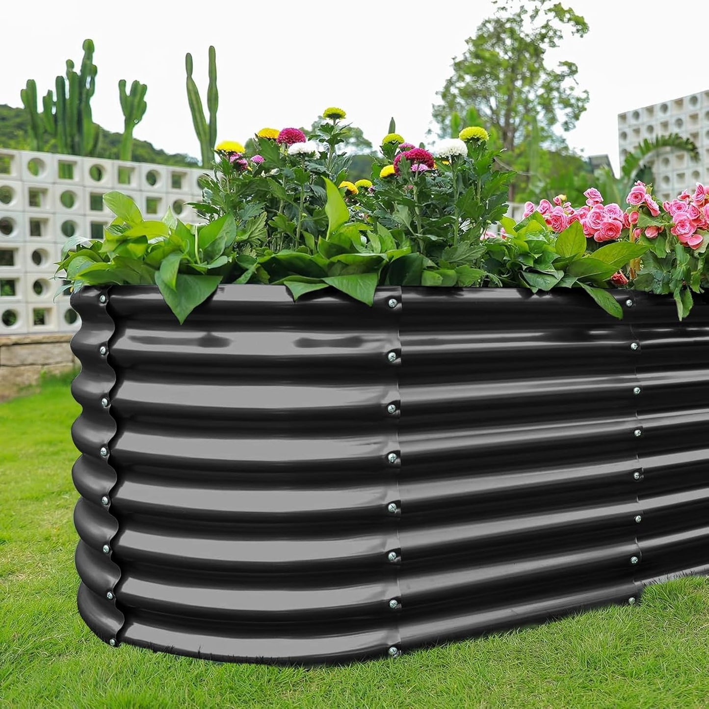Land Guard Galvanized Planter Raised Beds, 6×3×2ft Galvanized Water Trough, Keyhole Raised Garden