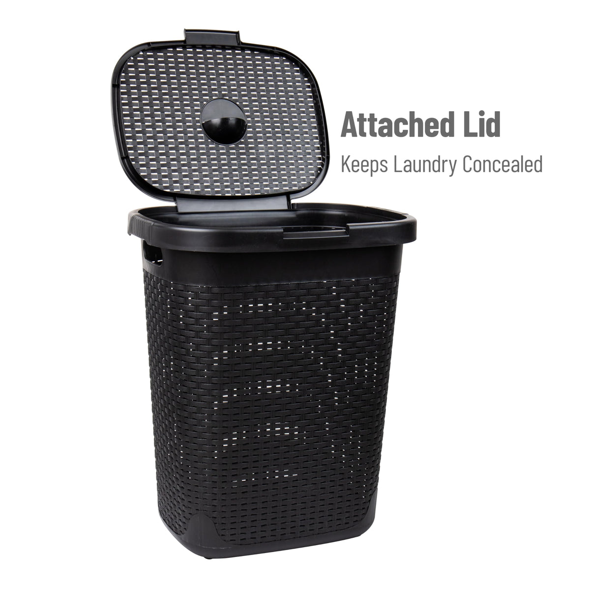 Mind Reader Slim Laundry Hamper with Lid, 50L Clothes Basket, Premium Wicker Design, Plastic, Black