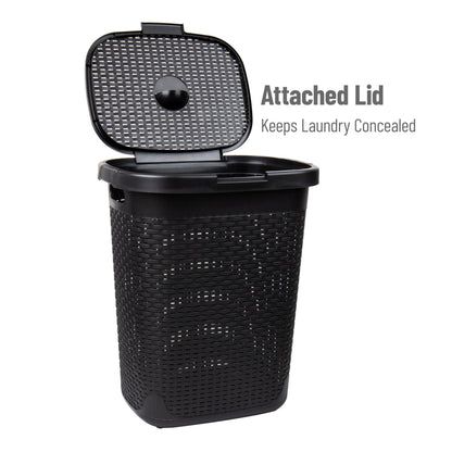 Mind Reader Slim Laundry Hamper with Lid, 50L Clothes Basket, Premium Wicker Design, Plastic, Black