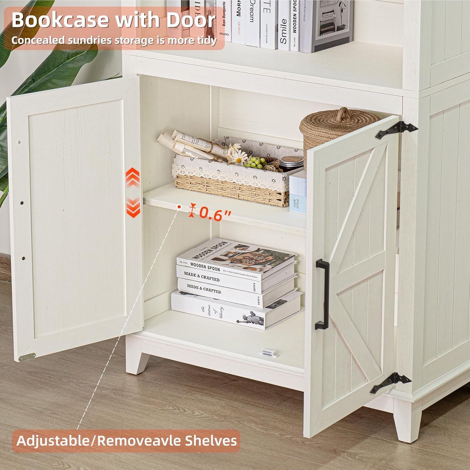 70in Tall Bookshelf 5 Tier Bookcase with Barn Doors and Storage Cabinet, White Farmhouse Book Shelf