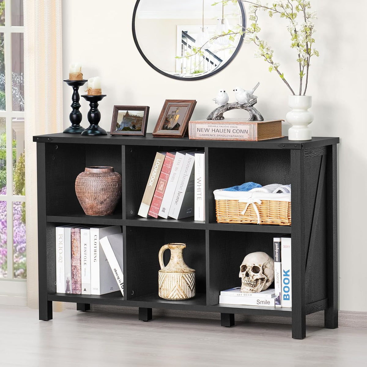 6 Cube Bookcase, Farmhouse Wood Low Storage Organizer Book Shelf, Black 47" Horizontal Console