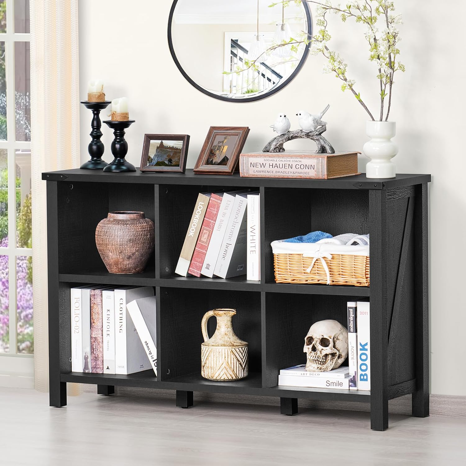 6 Cube Bookcase, Farmhouse Wood Low Storage Organizer Book Shelf, Black 47" Horizontal Console