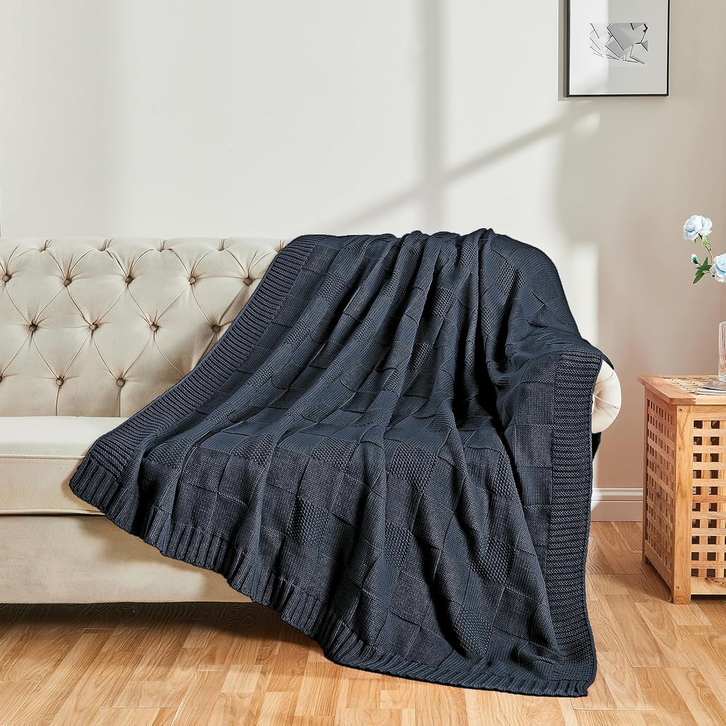 CozeCube Check Knit Throw Blanket, Midnight Navy Checkered Throw for Couch, Decorative Christmas
