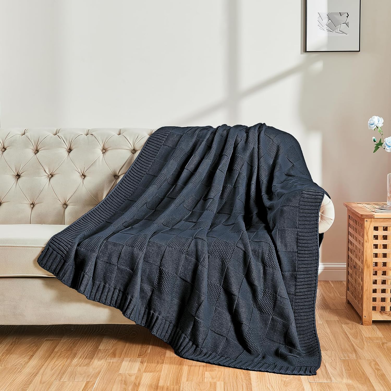 CozeCube Check Knit Throw Blanket, Midnight Navy Checkered Throw for Couch, Decorative Christmas