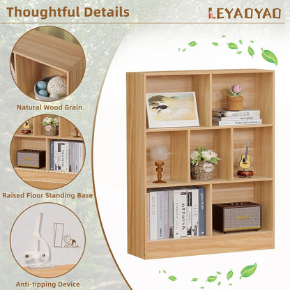LEYAOYAO 7 Cube Bookshelf with Wood Base,Natural 3 Tier Mid-Century Modern Bookcase,Standing Wide