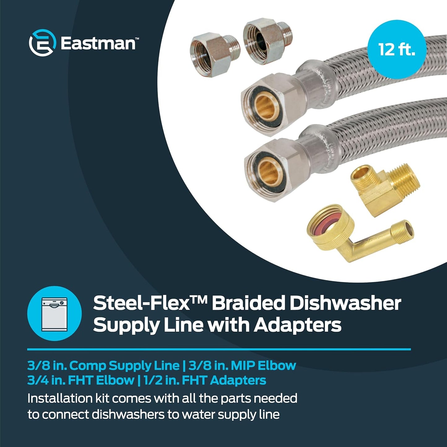 Eastman Dishwasher Installation Kit, 12 Foot Hose with Adapters, 3/8 Inch MIP x 3/4 Inch FHT