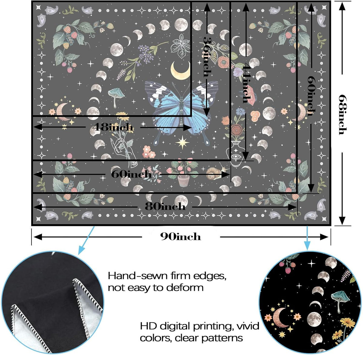 Aipon Blue Butterfly Moon Flower Tapestry for Bedroom and Living Room, 68.00" x 90.00", Boho