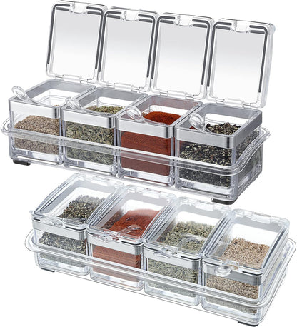 2 Set Acrylic Seasoning Organizer Box 8 Pcs Clear Seasoning Rack Spice Pots Condiments Containers