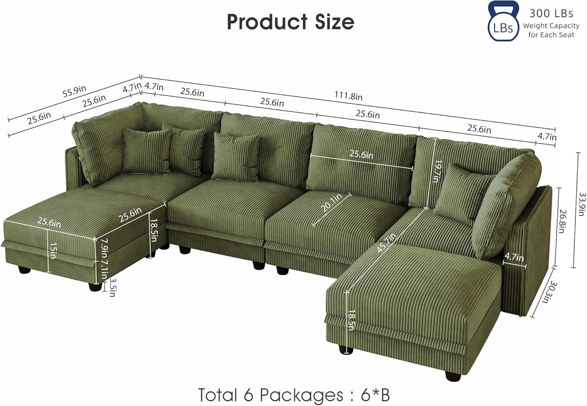 LLappuil Modular U-Shaped Sectional Sofa with Storage, 6-Seat Convertible Corduroy Couch with 6