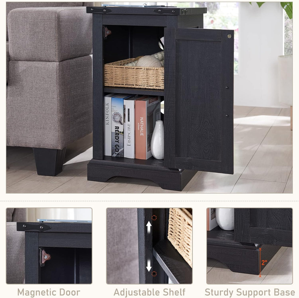 JXQTLINGMU Nightstand with Charging Station, Rectangular Farmhouse End Table with Barn Door and