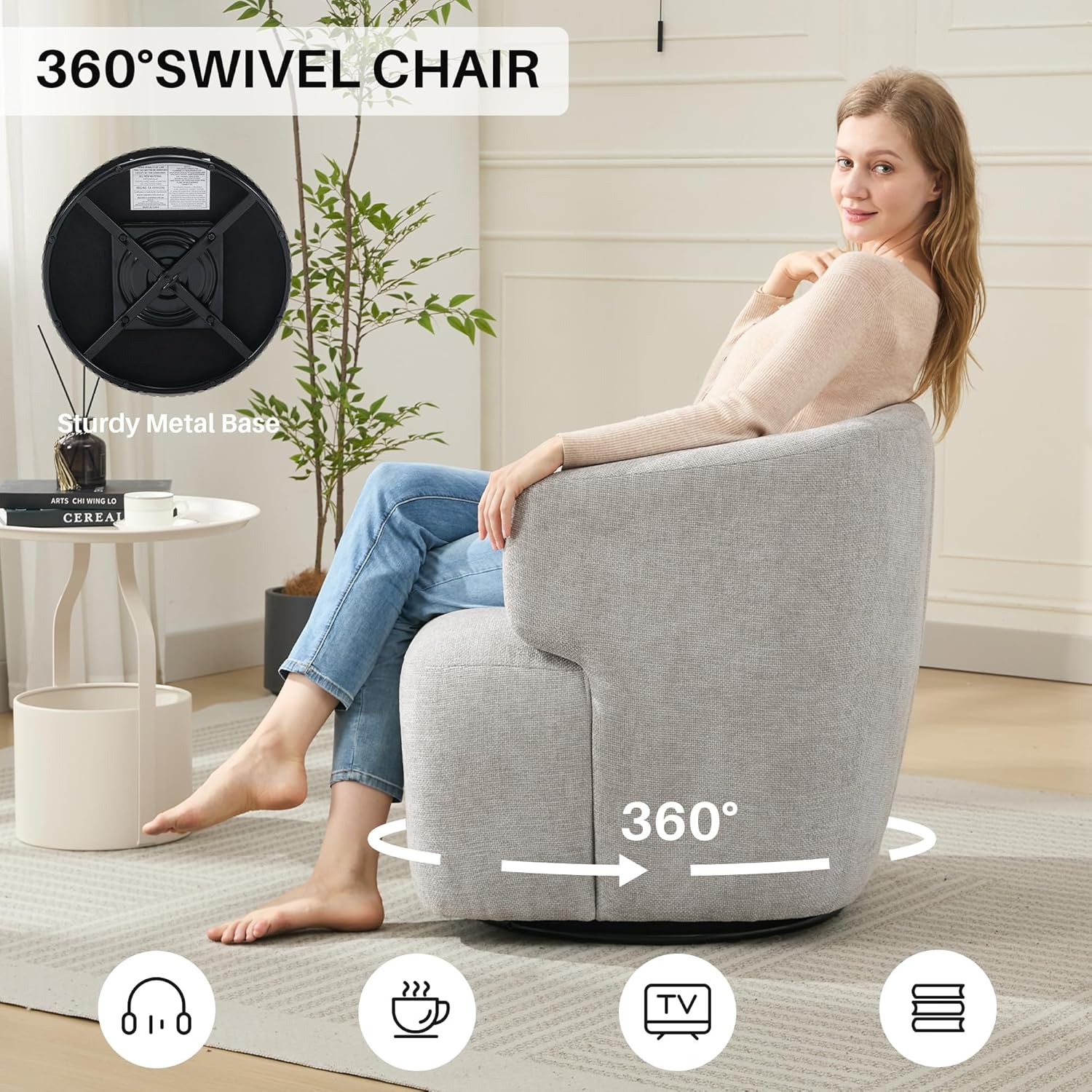 Swivel Accent Chair, Chenille Barrel Chair for Living Room, Cozy Round Boucle Arm Chair, Metal Base