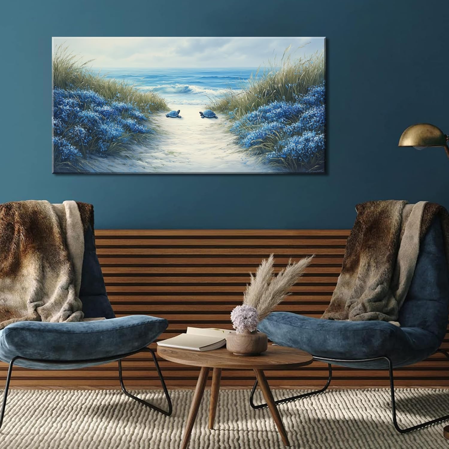 LASMOND Romantic Beach Wall Art for Living Room Blue Sea Turtle Lovers Canvas Painting Prints Ocean