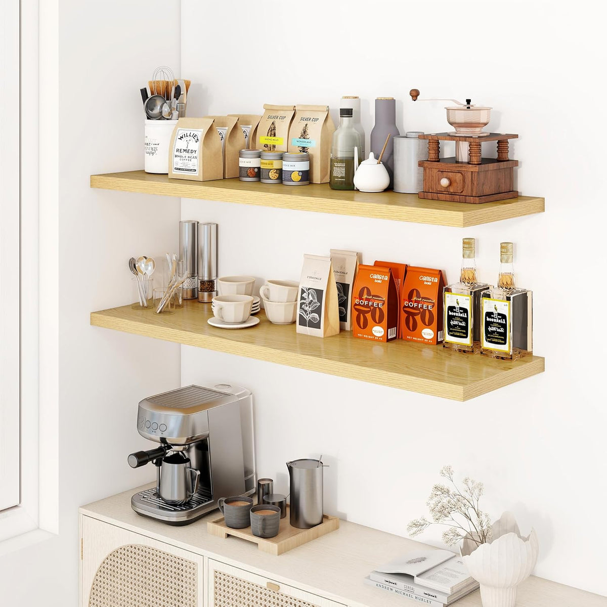 48" Floating Shelves for Wall, 12" Deep Slim Oak Floating Shelves, Wall-Mounted Shelves for