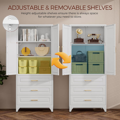 75" Kitchen Pantry Cabinet, Metal Storage Cabinets with Doors and Adjustable Shelves, White Tall
