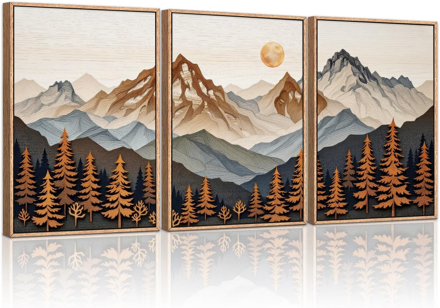HLNIUC Large Boho Mountain Framed Canvas Wall Art Set,Woodcut Style Mountain Wall Decor,Vintage