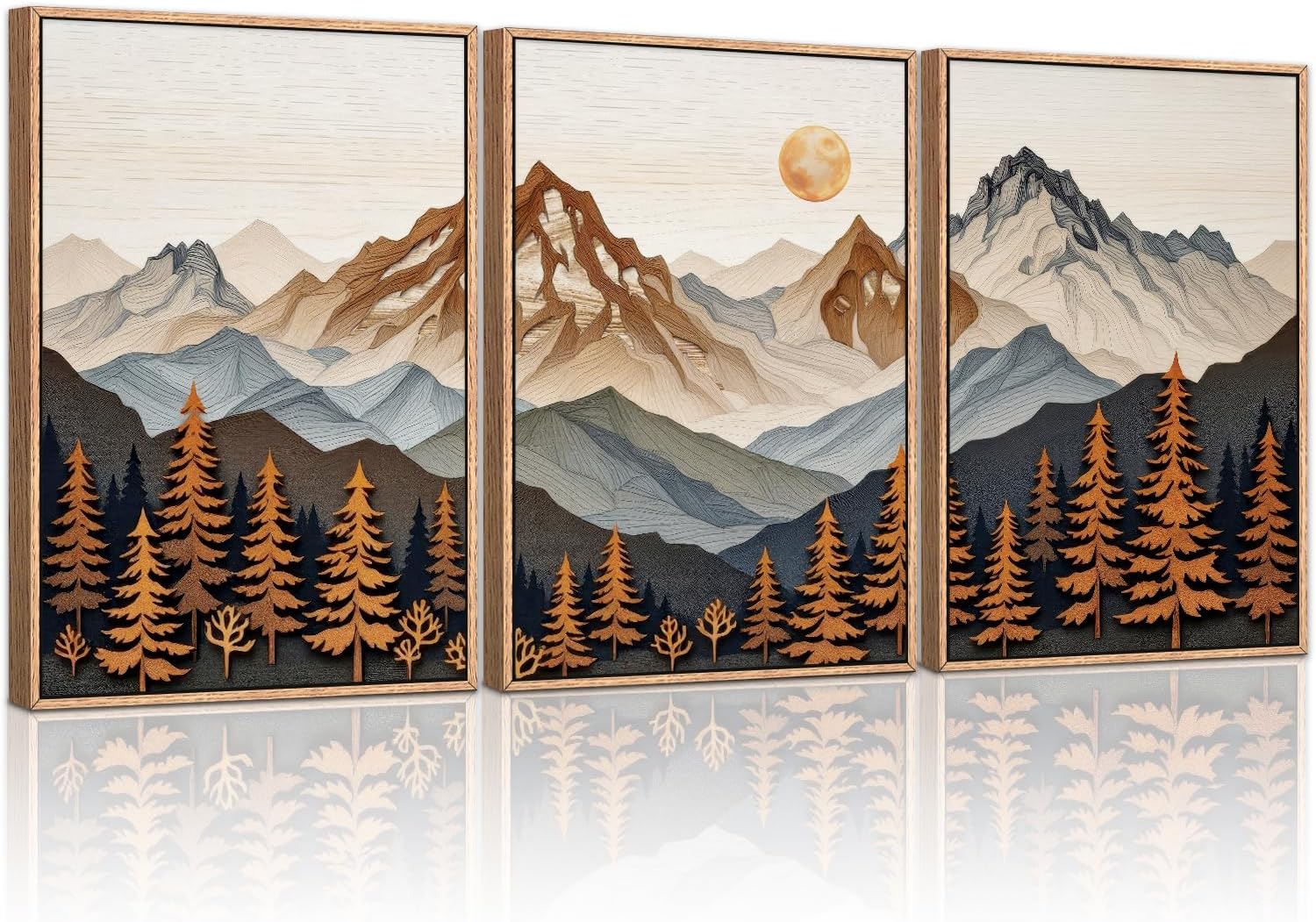 HLNIUC Large Boho Mountain Framed Canvas Wall Art Set,Woodcut Style Mountain Wall Decor,Vintage