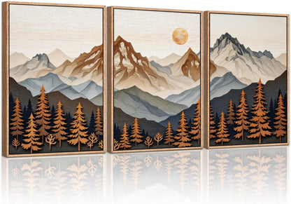 HLNIUC Large Boho Mountain Framed Canvas Wall Art Set,Woodcut Style Mountain Wall Decor,Vintage