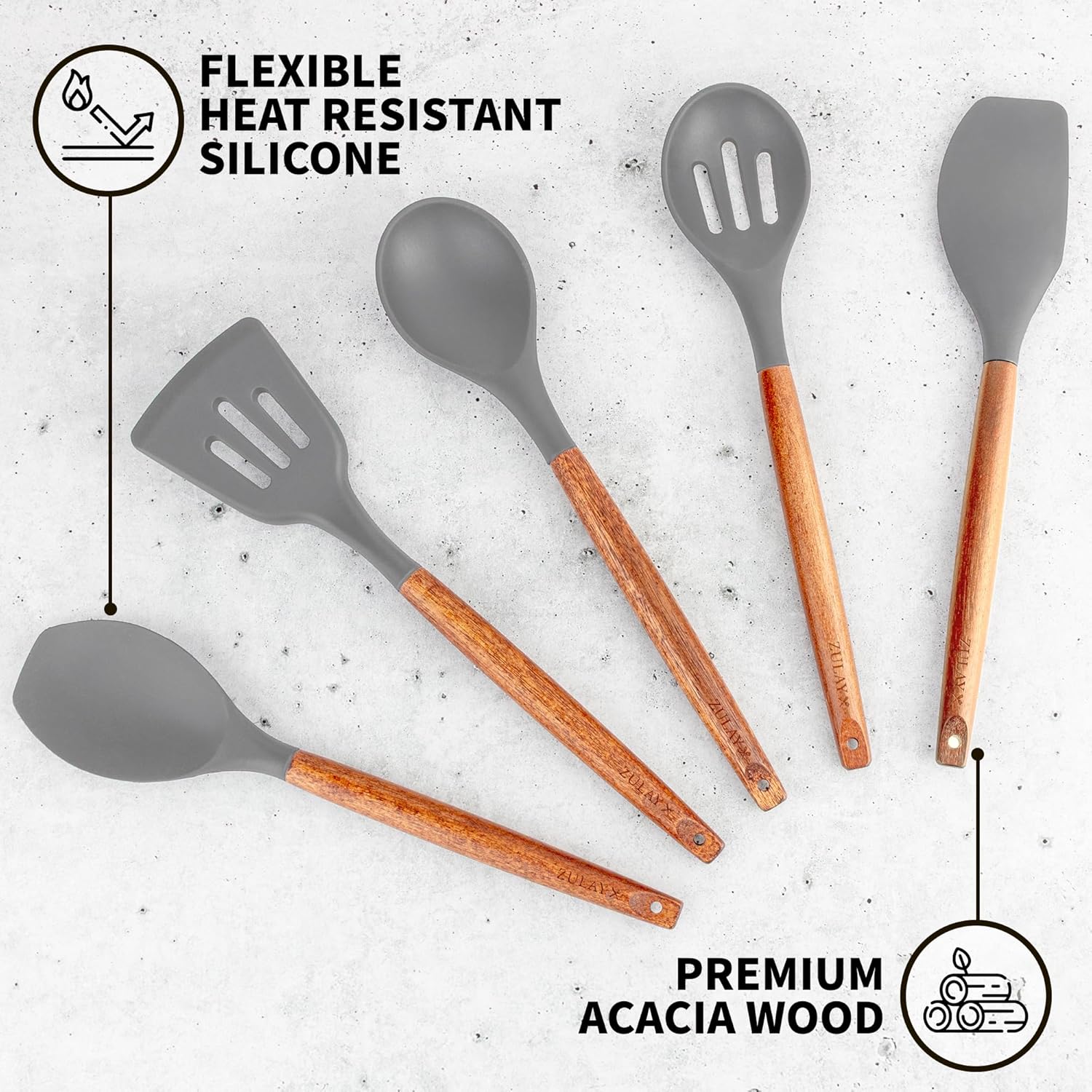 Zulay Kitchen Utensils Set Non-Stick Silicone Cooking Utensils Set with Authentic Acacia Wood