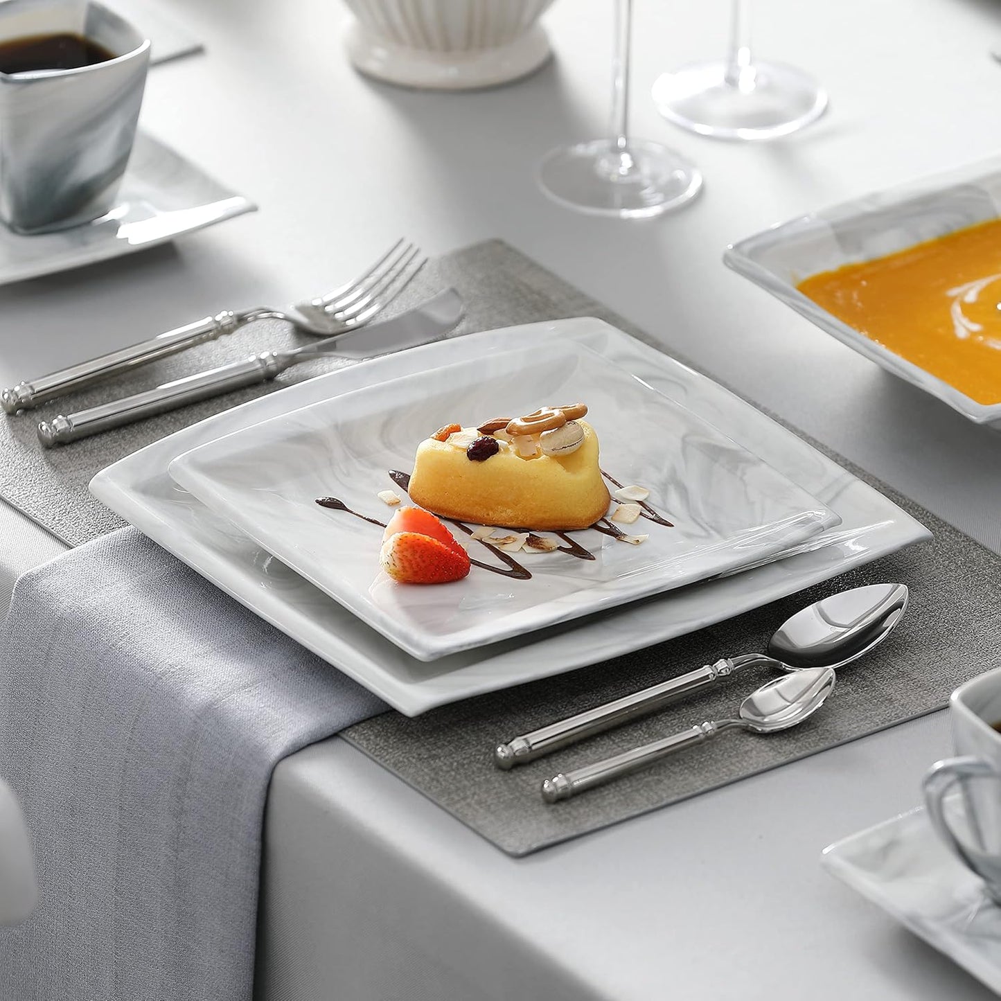 MALACASA Dinnerware Sets, 30 Piece Porcelain Plates and Bowls Sets for 6, Square Dish Set with