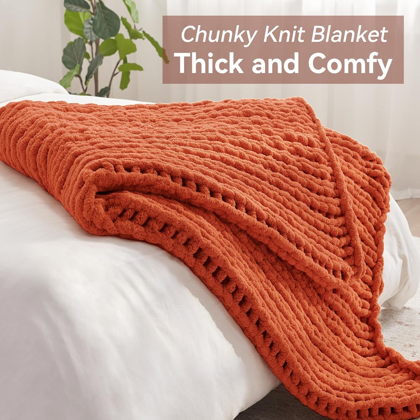 Chunky Knit Throw Blanket, 60''*80'' Knitted Throw Chenille Yarn for Bed Couch, Handmade Orange