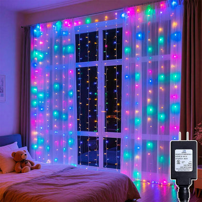 200 LED Rainbow Curtain String Lights 9.8 * 6.6FT Plug in Fairy with Timer and 8 Modes, Waterproof