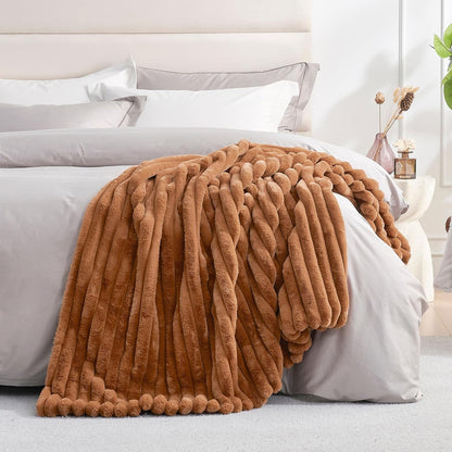 Amélie Home Faux Fur Throw Blanket for Couch, Cozy Fuzzy Fluffy Fur Luxurious Soft Striped Plush