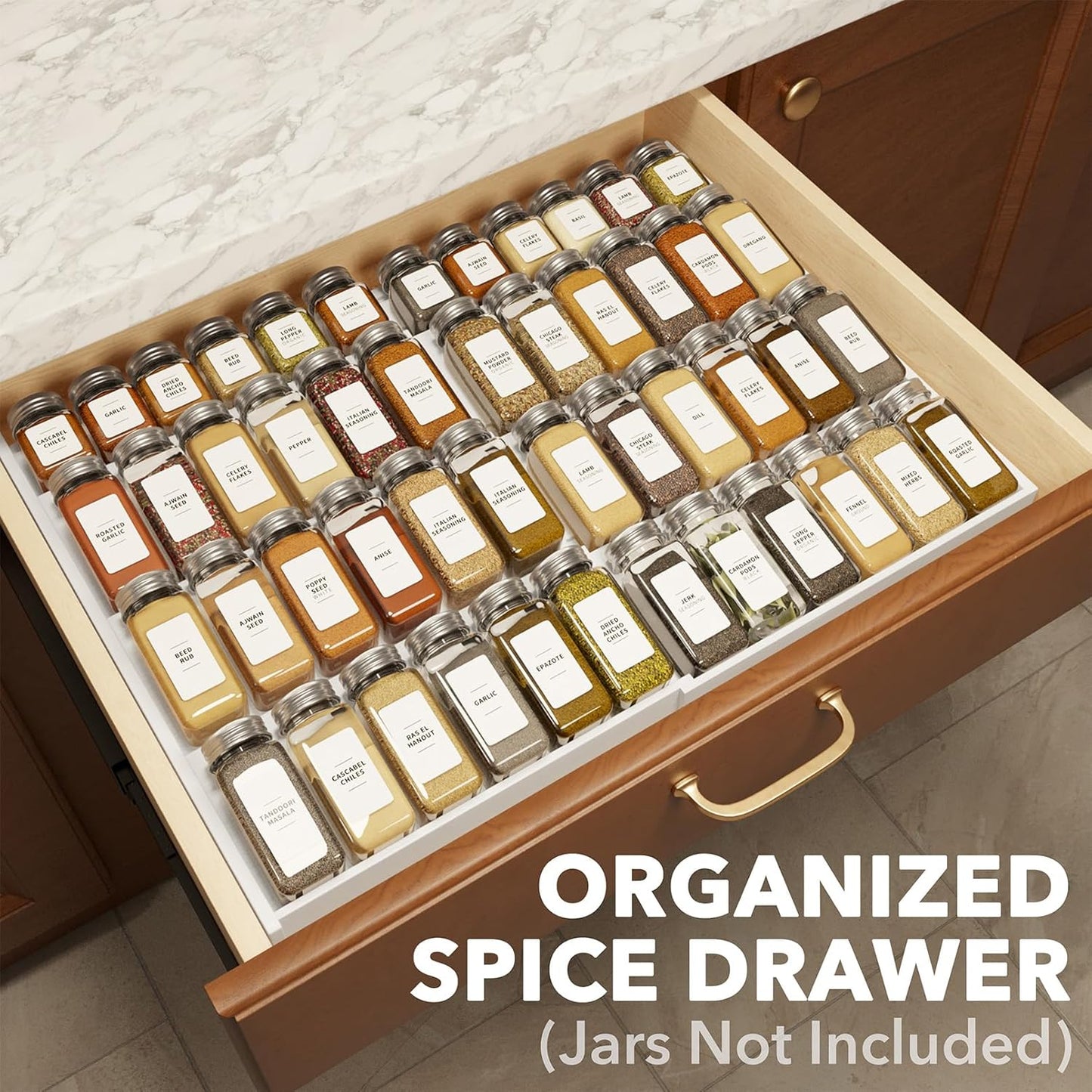 SpaceAid Bamboo White Spice Drawer Organizer, (Need 3" Deep Drawer) Expandable 4 Tier Spices Rack