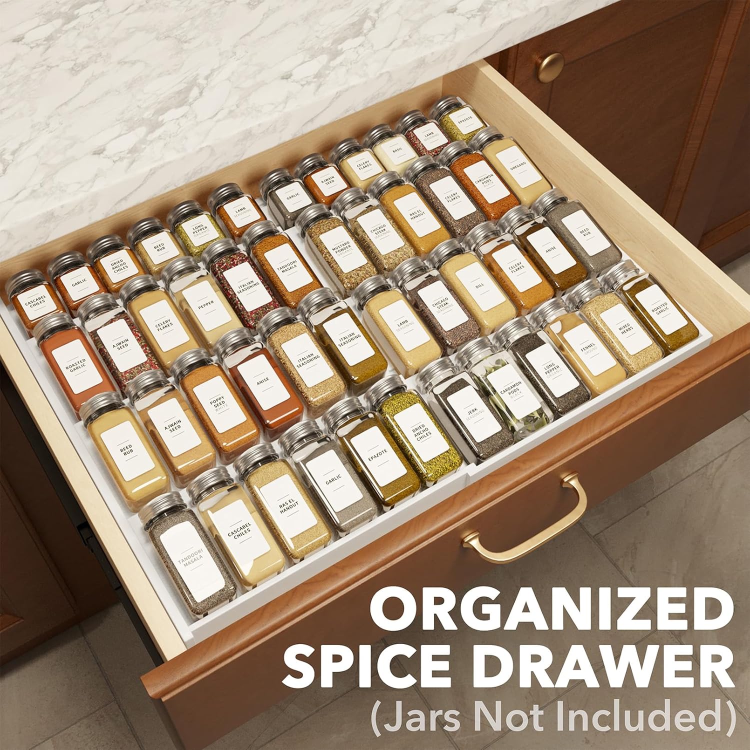 SpaceAid Bamboo White Spice Drawer Organizer, (Need 3" Deep Drawer) Expandable 4 Tier Spices Rack